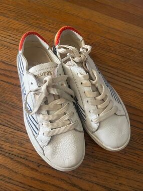 Soludos White Leather Sneakers with Navy wave Stripe and Rainbow Heel